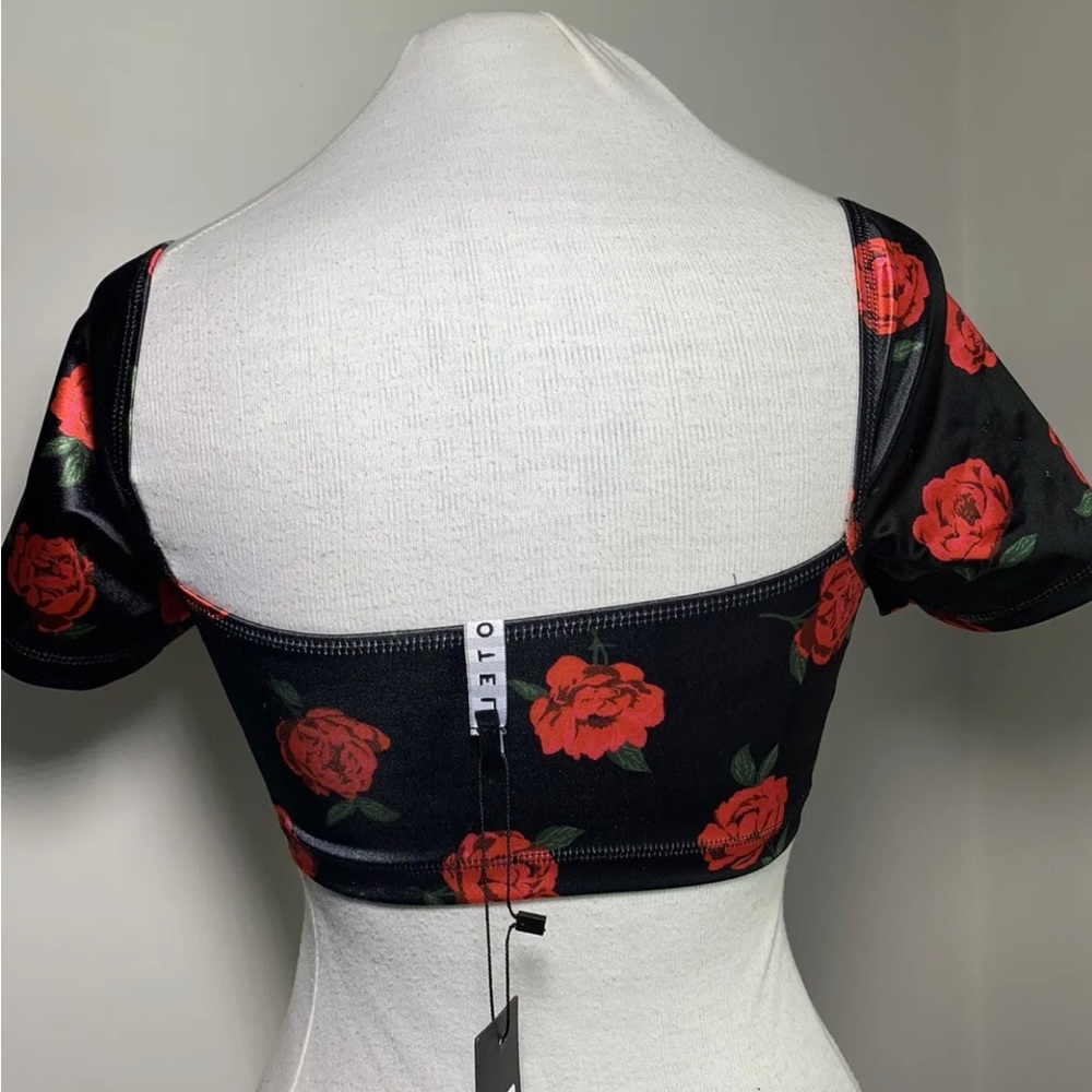 MOTEL ROCKS Yoona Crop Top Black Floral Satin Stretch Rose Size Small UK 10 - Picture 5 of 9